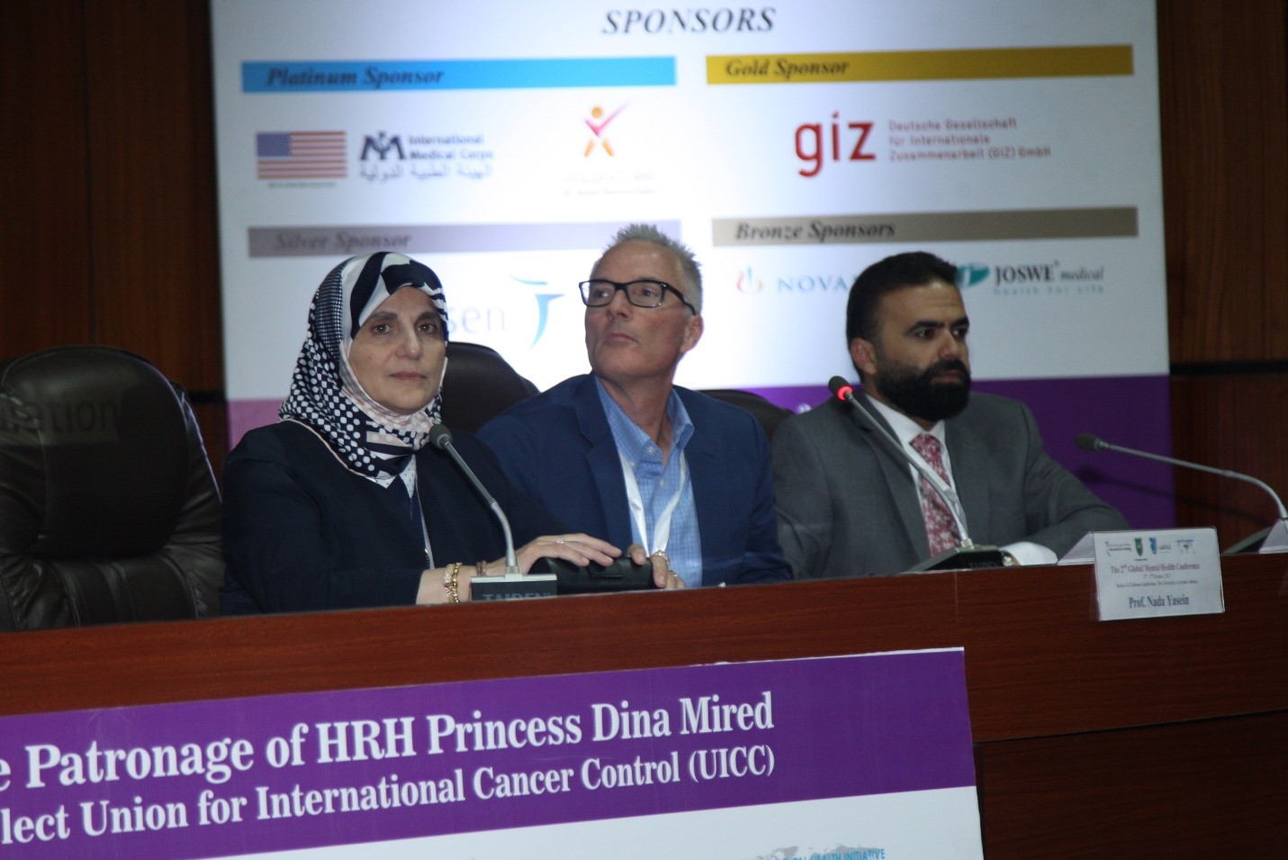 Dr. Nada Yasin from Jordan University, Dr. Edwards from GMH, and Dr. Bawaneh from International Medical Corps as part of a panel at the 2017 conference